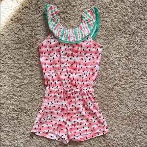 4t girls watermelon romper. Tie dye pink, green & white with black seed.